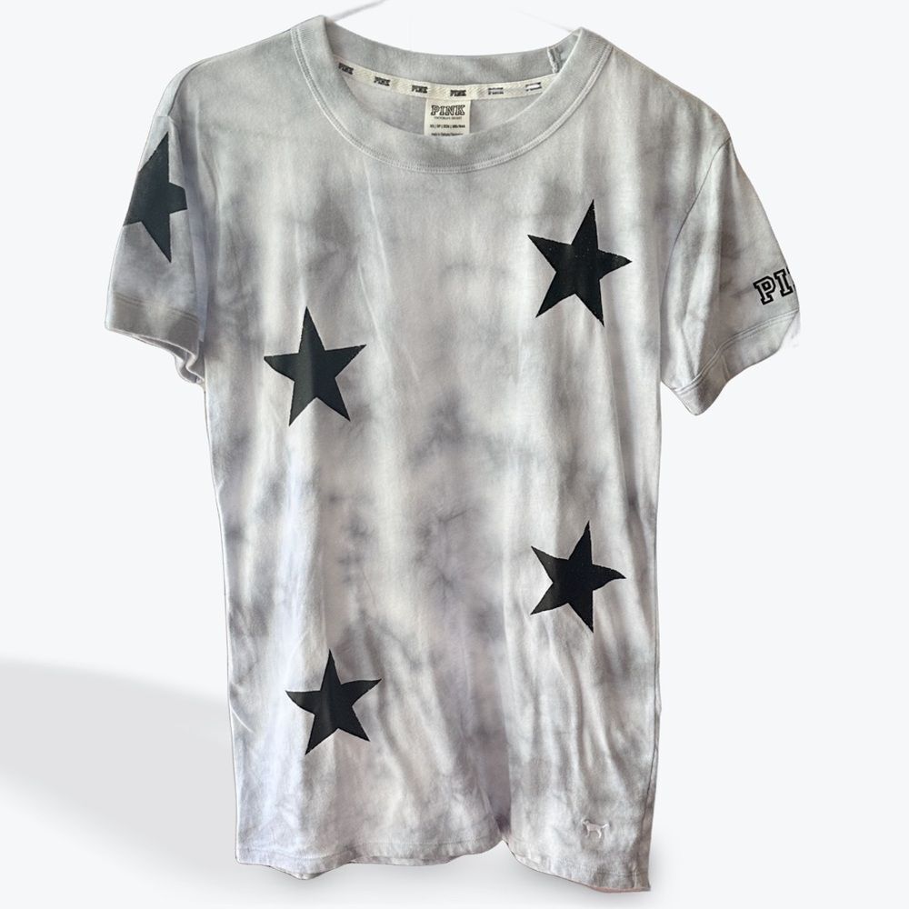 Women’s Victoria Secret PINK gray & white tie dyed T-shirt w/black stars Size XS